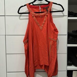 Bcbg maxazaria coral cold shoulder silky blouse with gold detailing